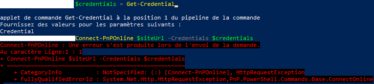 PnP PowerShell -CurrentCredential GetCredential error